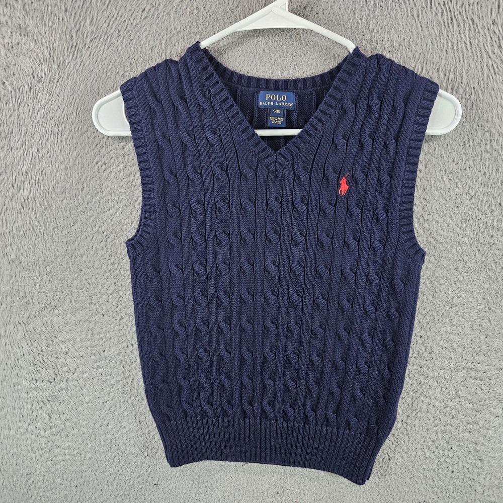 Polo Ralph Lauren Boys Navy Blue Cable Knit Cotton Sweater Vest Size S 8